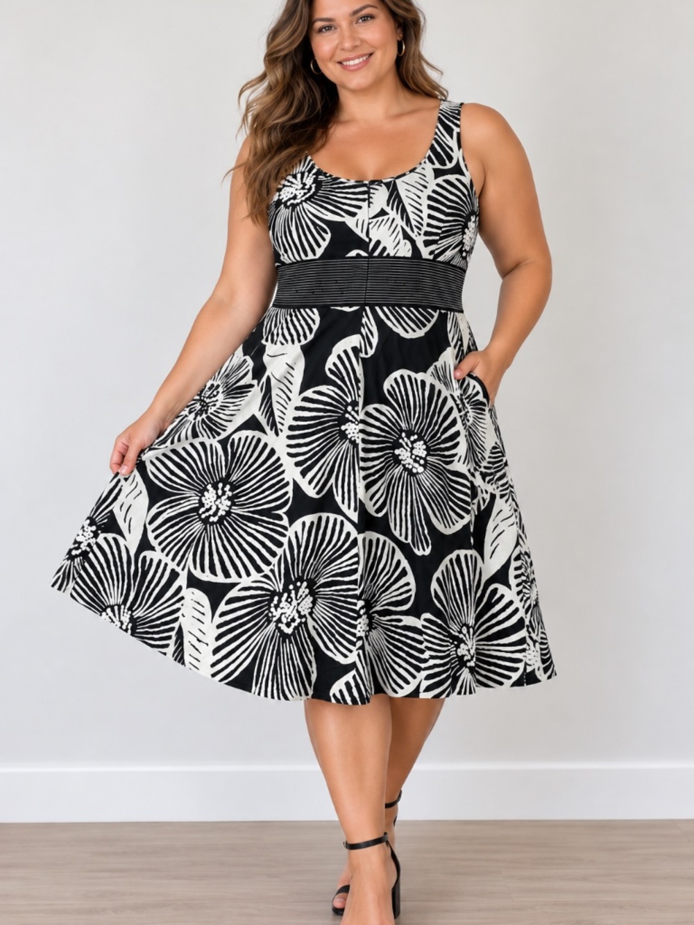 Lillian Tracy by Jolibel Black White Floral Fit & Flare Dress Size 14